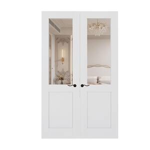 48 in. x 80 in. Half Lite Mirrored Glass Solid Core MDF Universal White Primed Double Prehung French Door with Jamb Kit