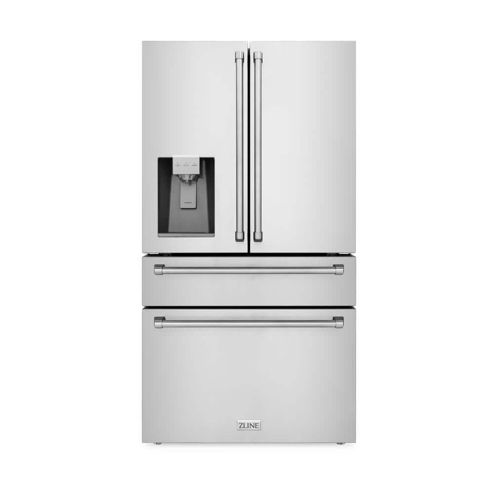 ZLINE Kitchen and Bath 36 in. 4-Door French Door Refrigerator with Ice and Water Dispenser in Fingerprint Resistant Stainless Steel, DuraSnow Stainless Steel