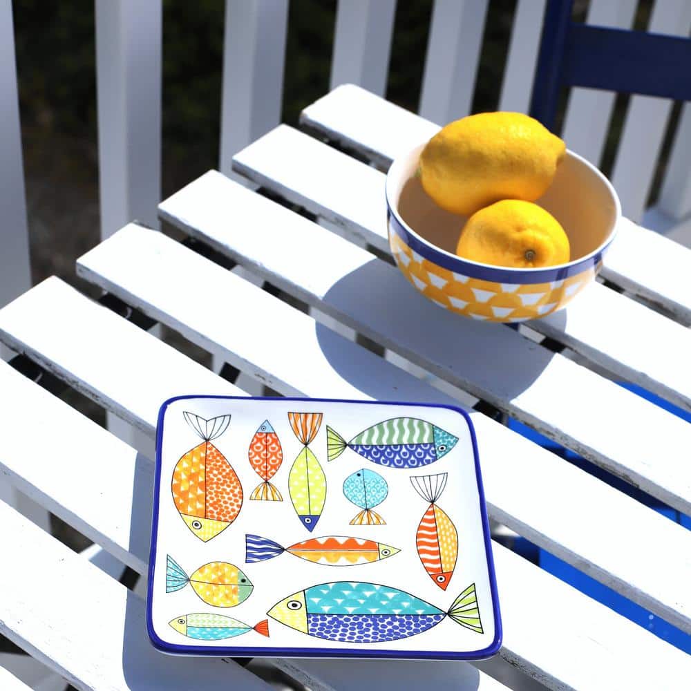 Colorful Fish Pattern Ceramic Square Appetizer Plates Set of 4