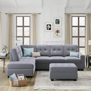 104 in. W Square Arm 3-Piece Suede Fabric L-Shaped Reversible Sectional Sofa in Gray with Ottoman and Cup Holders