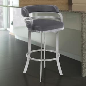 Prinz 30 in. Bar Height Metal Swivel Bar Stool in Gray Faux Leather with Brushed Stainless Steel and Gray Walnut Back