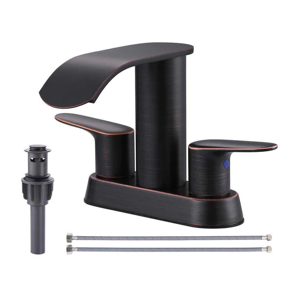 ALEASHA 4 in. Centerset Double Handle WaterFall Bathroom Faucet with Drain Kit Included in Oil Rubbed Bronze