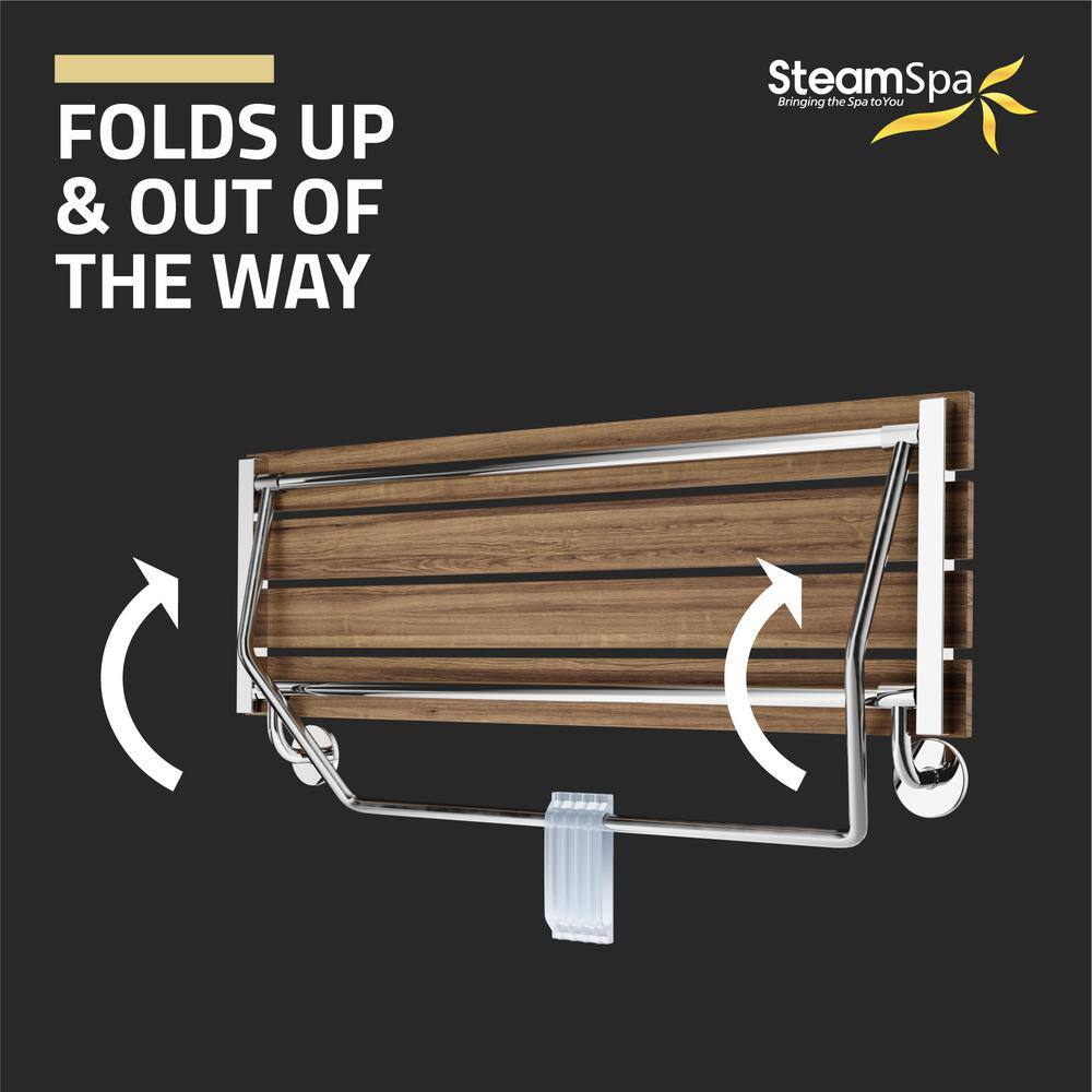 Polished Chrome Teak Wood Wall Mounted Folding Shower Seat
