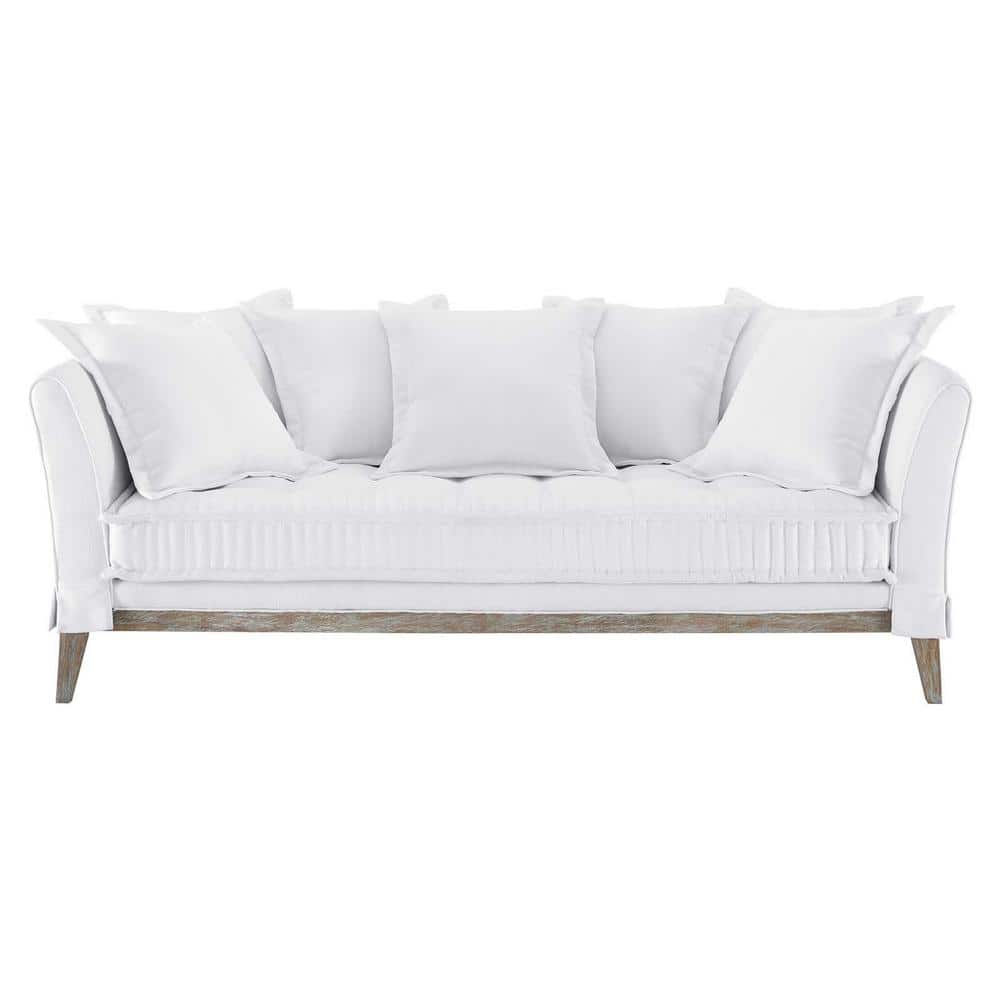 Rowan 84 in. White Fabric Sofa with Rustic Wood Frame