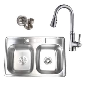 Topmount Drop-In 18-Gauge Stainless Steel 33-1/8 in. x 22 in. x 9 in. 3-Hole 50/50 Double Bowl Kitchen Sink with Faucet