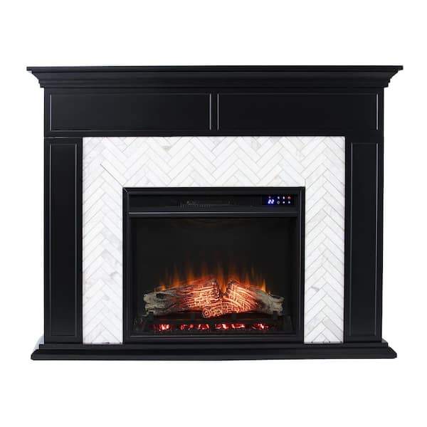 Torlington 50 in. Freestanding Marble Tiled Touch Screen Electric Fireplace in Black Painted