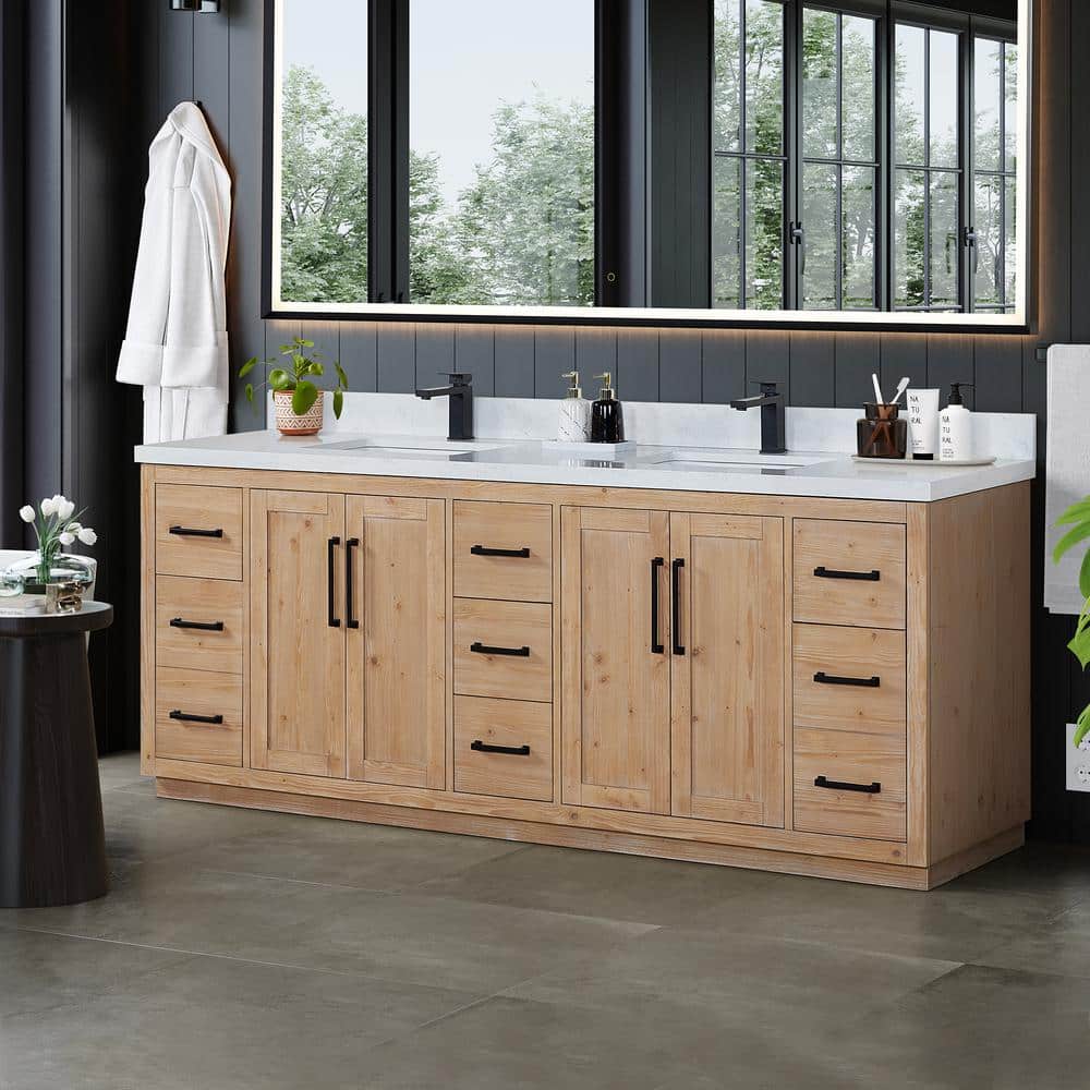 Cicero 84" Light Brown Fir Wood Vanity with White Stone Top