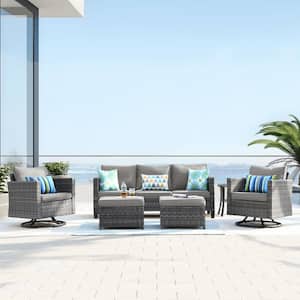 New Vultros Gray 6-Piece Wicker Outdoor Patio Conversation Set with Dark Gray Cushions and Swivel Rocking Chairs