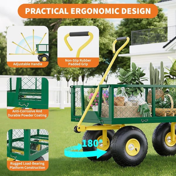 12 cu. ft. 900 lbs. Green & Yellow Steel Garden Cart with 10 in