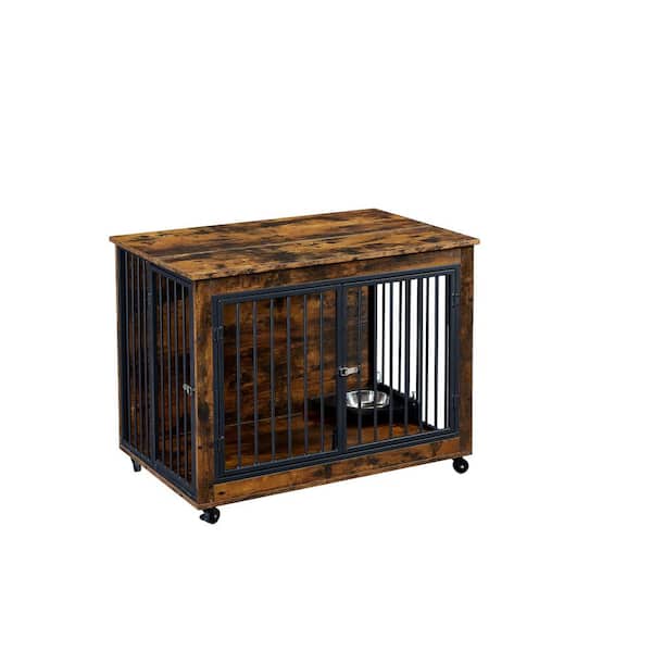 Miscool Anky Furniture Style Dog Crate Side Table With Rotatable Feeding Bowl, Wheels, Three Doors, Flip-Up Top Opening in Brown