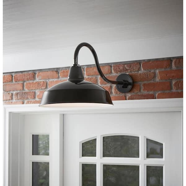 Easton 14 in. 1-Light Black Barn Hardwired Outdoor Wall Light Lantern Sconce with Steel Shade, with No Bulb Included