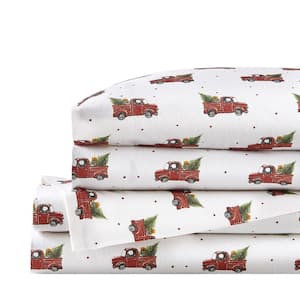 Cozy Cotton Flannel Red Vintage Woody Truck 4-Piece King Sheet Set