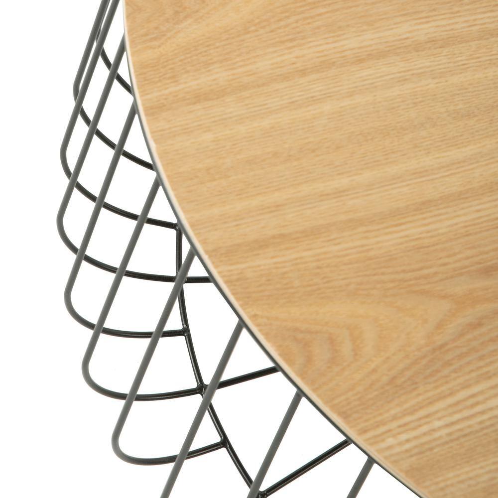 Natural Wood Round Coffee Table with Black Metal Wire Base
