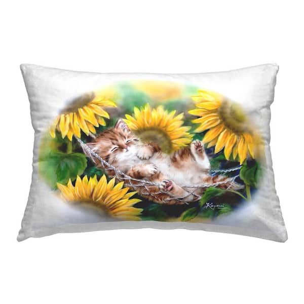 Stupell Industries Sleeping Cat and Sunflowers Yellow Floral Polyester 14 in. x 20 in. Throw Pillow