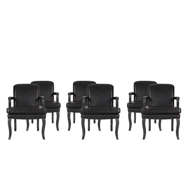 Noble House Ardson Midnight Black and Gray Faux Leather Dining Armchairs Set of 6