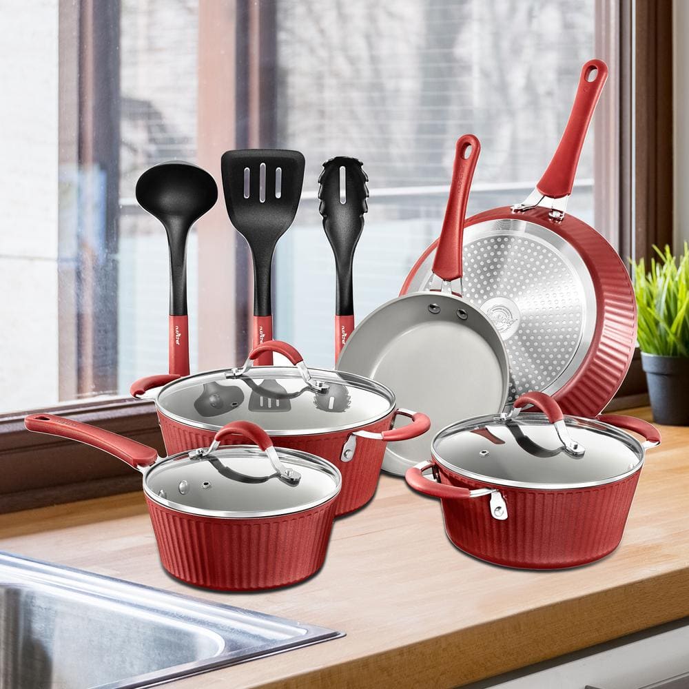 NutriChef 11-Piece Red and Gray Non-Stick Aluminum Cookware Set