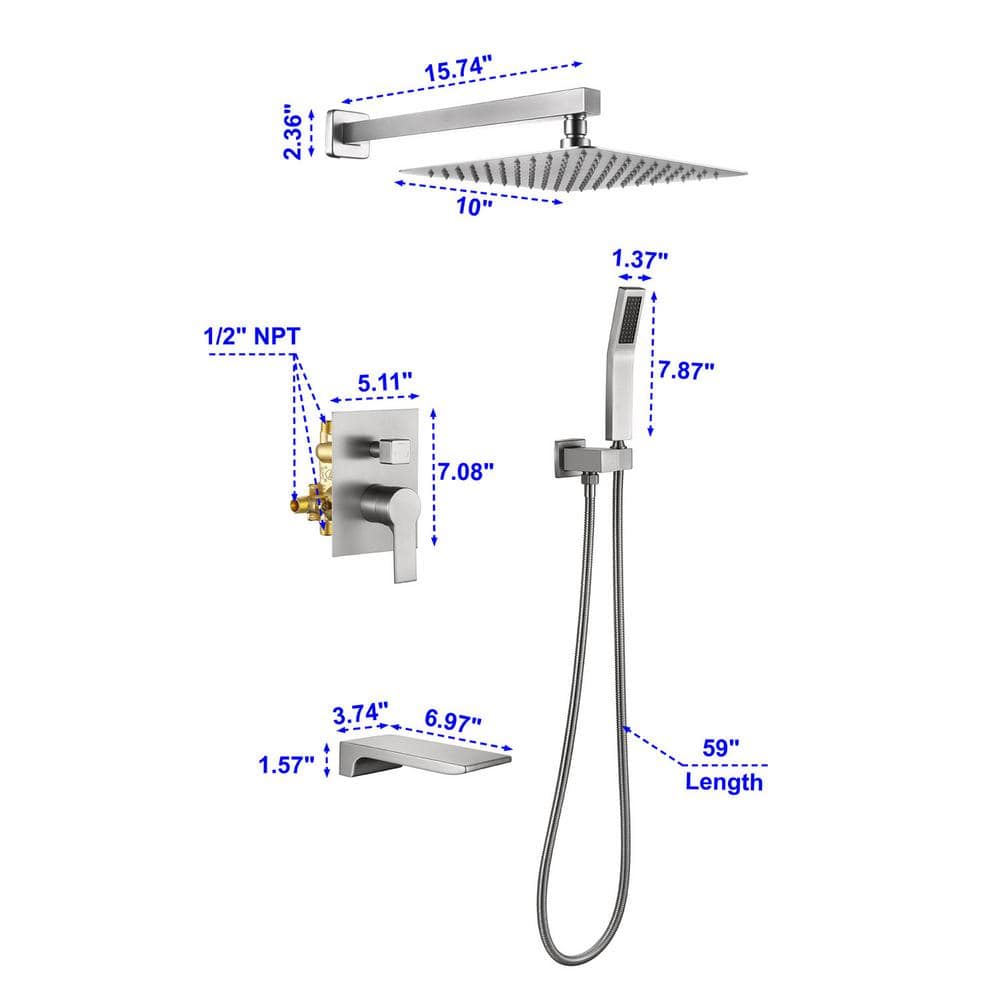Brushed Nickel 10" Rain Shower Faucet Set with Handheld