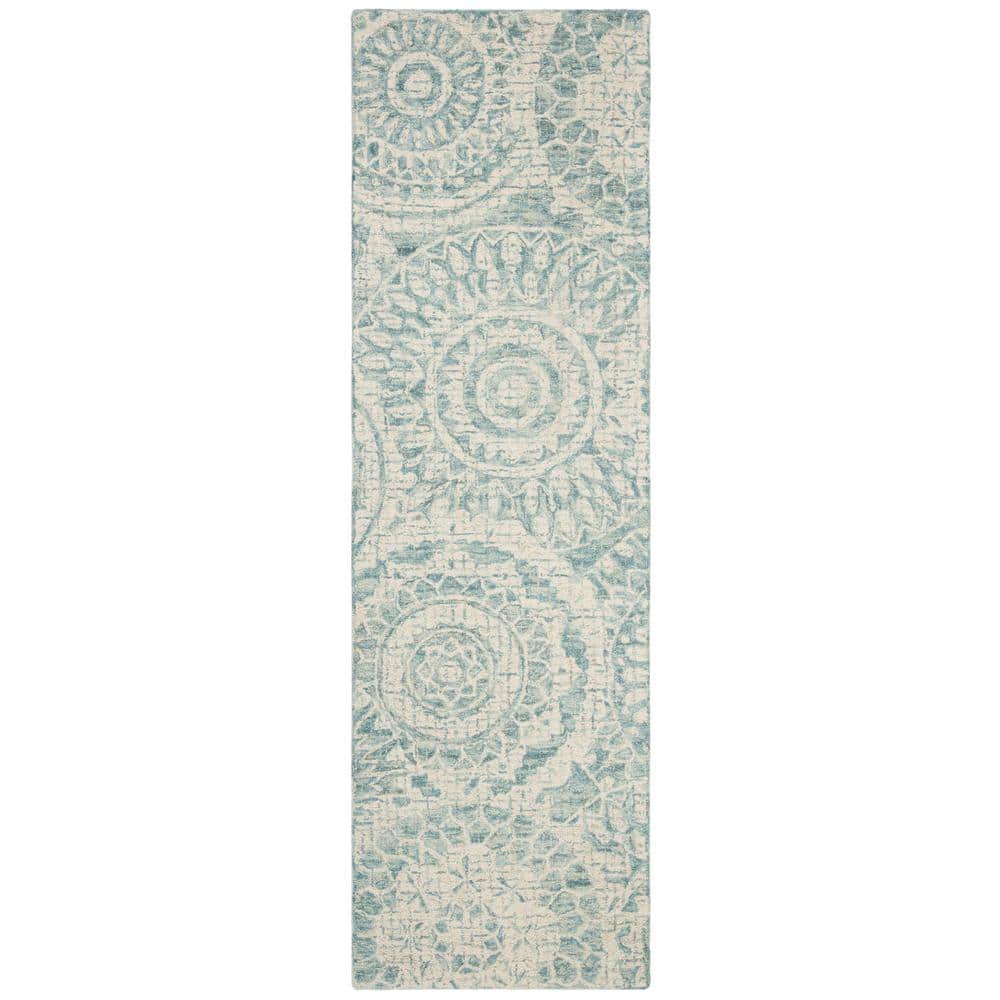 Ivory and Blue Handmade Tufted Wool Abstract Runner Rug