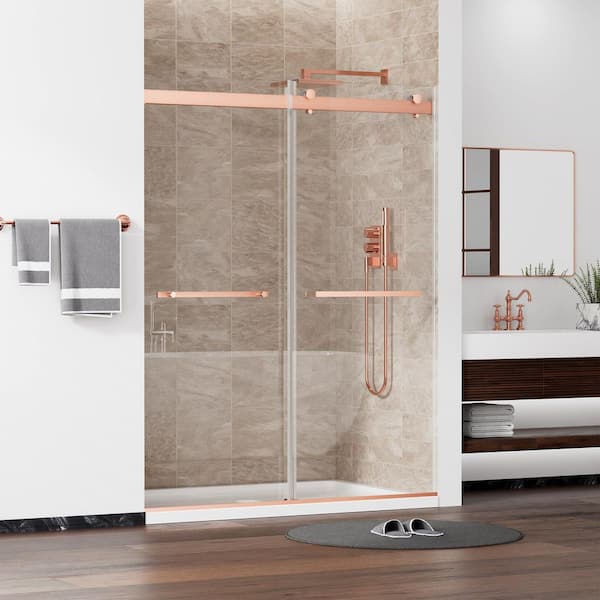 60 in. W x 75 in. H Double Sliding Frameless Shower Door in Brushed Rose Gold with 5/16 in.Tempered Glass, Double Buffer