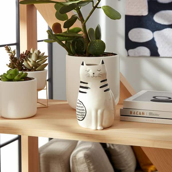 White 6 in. x 11 in. Stoneware Sitting Pretty Kitty with Opening