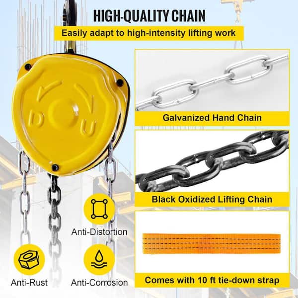 VEVOR 1/2-Ton Chain Hoist 10 ft. Manual Chain Block Hoist w/ 2 Hooks for  Lifting Pulling Equipment (1100 lbs. Capacity Yellow) SLHL0.5D3M0000001V0 -  The Home Depot