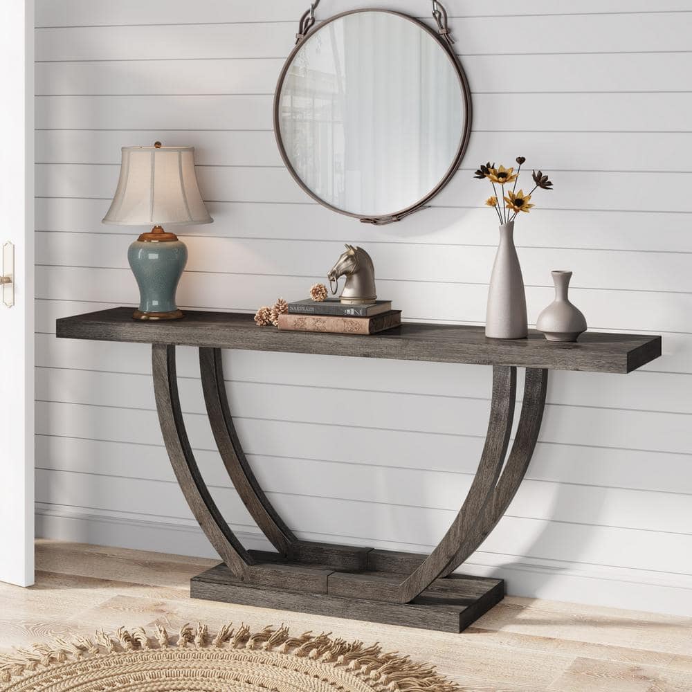 Gray 63-Inch Farmhouse Wood and Metal Console Table with Storage