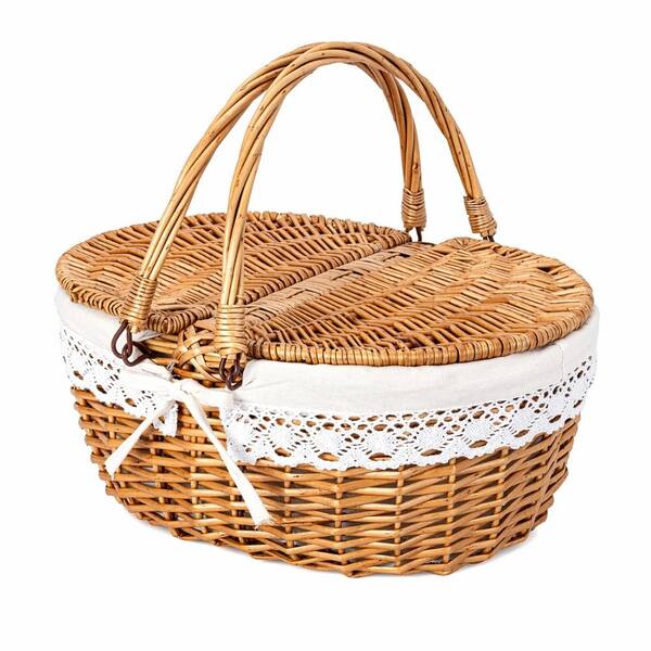 15.75 x 11.81 x 7.48 in Natural Willow Picnic Hamper Wicker Basket with Dual-Flap Lid and Washable White Lining