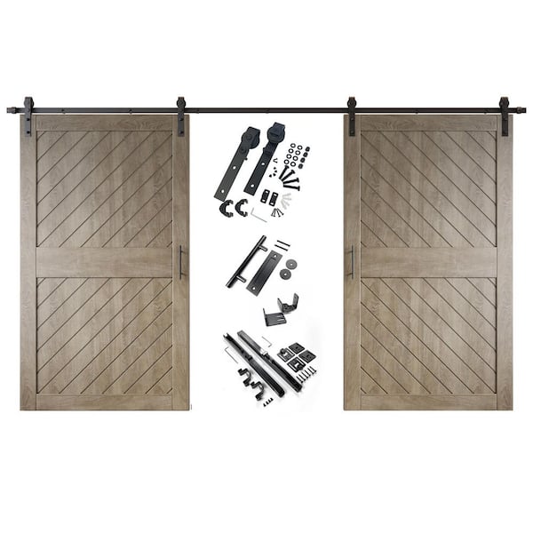XT1 48 in. x 84 in. C-Panel Classic Gray Slanted Stripe Design Double Pine Wood Sliding Barn Door with Hardware Kit