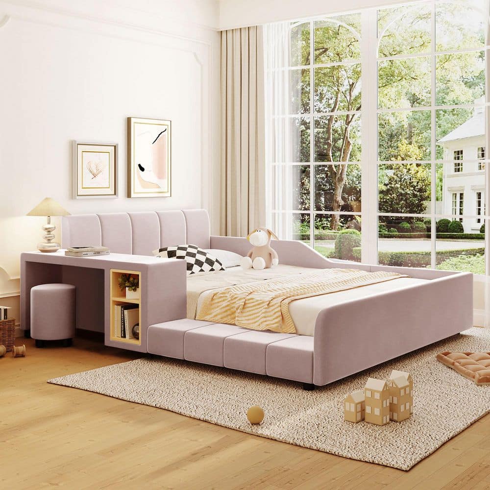 Beige Modern Luxury Wood Frame Queen Size Soft Velvet Upholstered Platform Bed with Bedside Desk and Round Stool