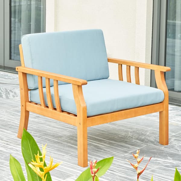 Cesicia Wood Outdoor Sectional Sofa Chair with Blue Cushion