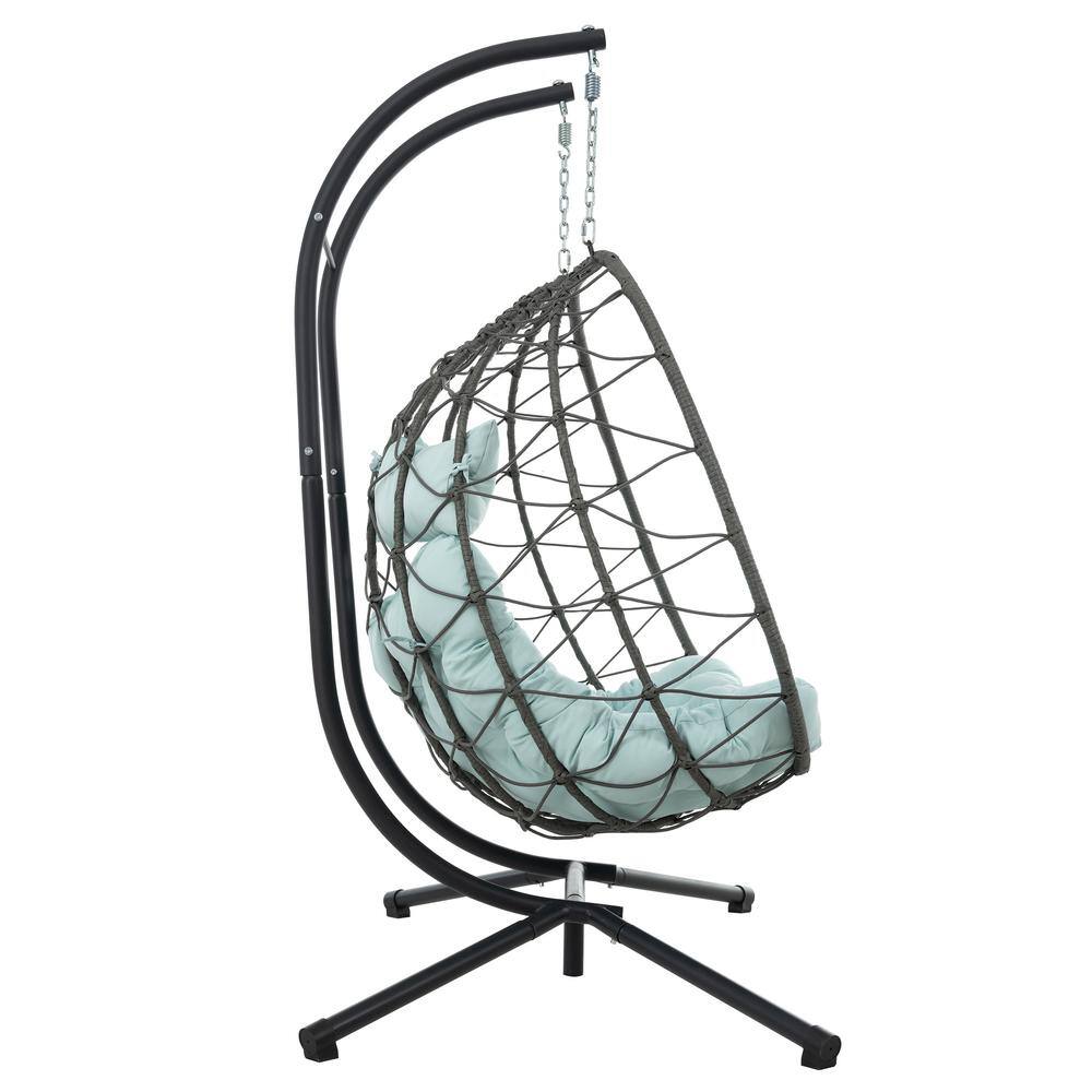 Gray Steel 2-Person Egg Chair with Blue Cushions