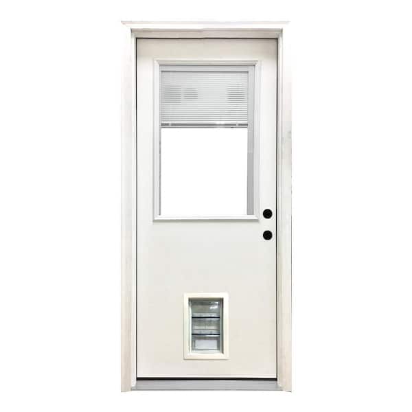 Steves & Sons 36 in. x 80 in. Reliant Series Clear Mini-Blind LHIS White Primed Fiberglass Prehung Back Door with Med Pet Door