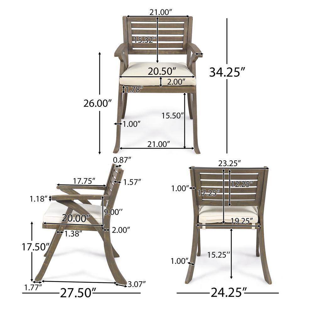 Gray Acacia Wood Outdoor Dining Armchair with Cream Cushions
