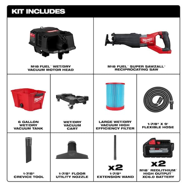 M18 FUEL 18V Lith-Ion Brushless Cordless Super SAWZALL Recip Saw w/Wet/Dry Vac & (2) High Output 6.0Ah Battery Pack