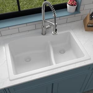 Drop-In Quartz Composite 33 in. 1-Hole 60/40 Double Bowl Kitchen Sink in White