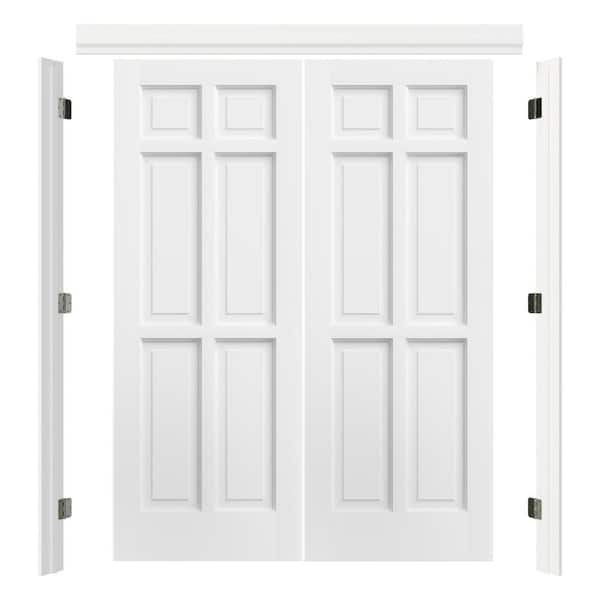 60 in. x 80 in. 6 Panel Core White Primed Solid Core Pine Wood Double Pre-Hung French Door with Quick Assemble Jamb