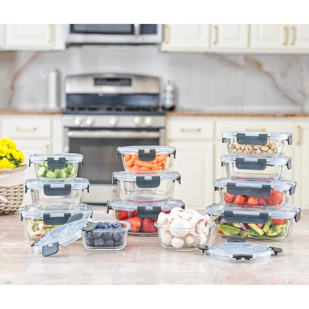 JoyFul 24-Piece Clear and Black Glass Meal Prep Containers Set
