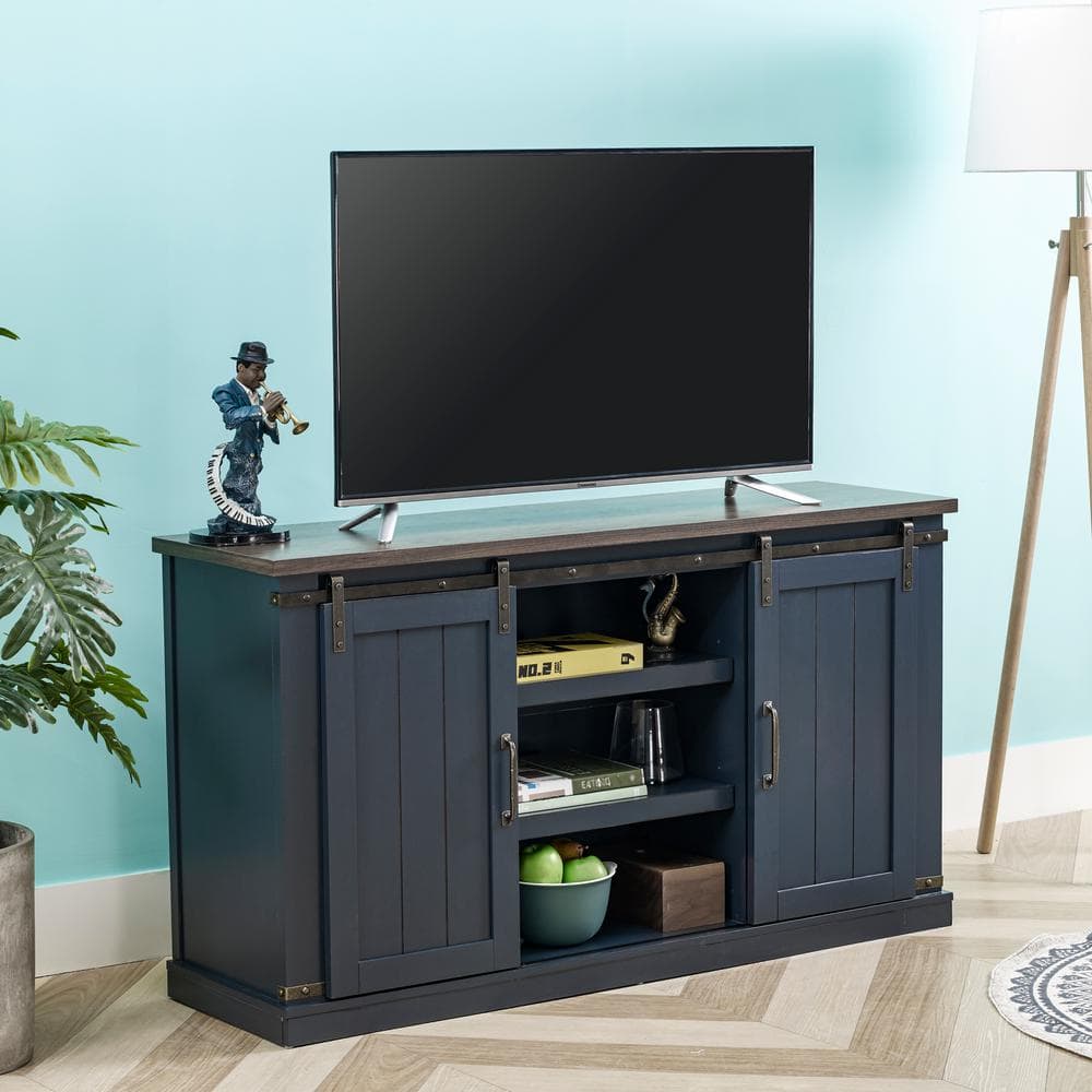 Navy 59'' Engineered Wood TV Stand with Sliding Barn Door
