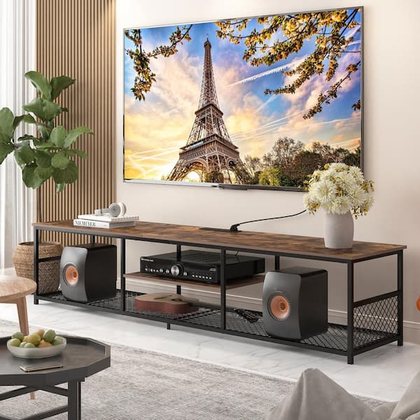 TV Stand with Power Outlets for Televisions up to 80", 70" Media Entertainment Center with 3-Tier Open Shelves Brown