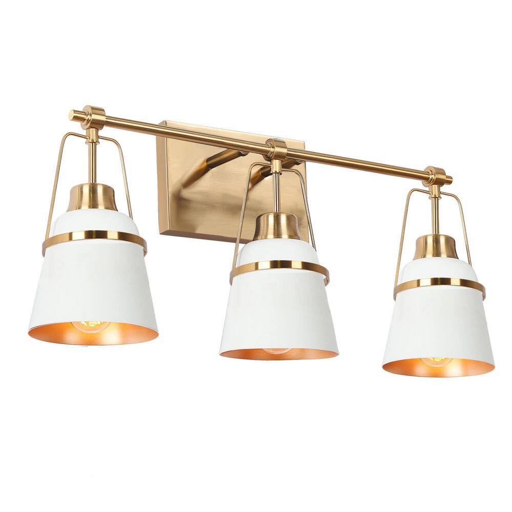 Uolfin 21.7 in. 3Light White and Gold Vanity Light with Metal Shades