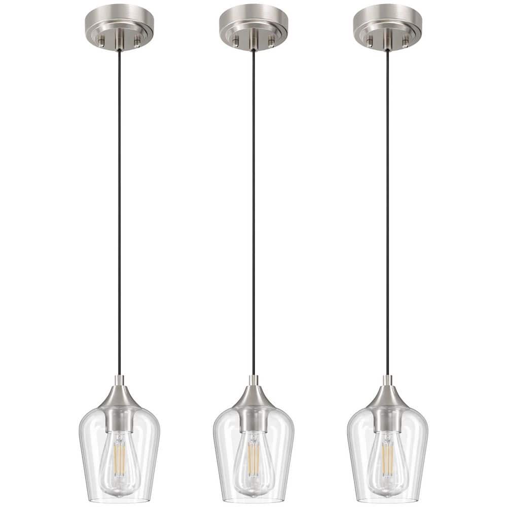 60Watt 1-Light Brushed Nickel Shaded Pendant Light Kitchen Island w/ Glass Shade E26 Base and Adjustable Cable (3-Packs) price history on PriceWatchPro