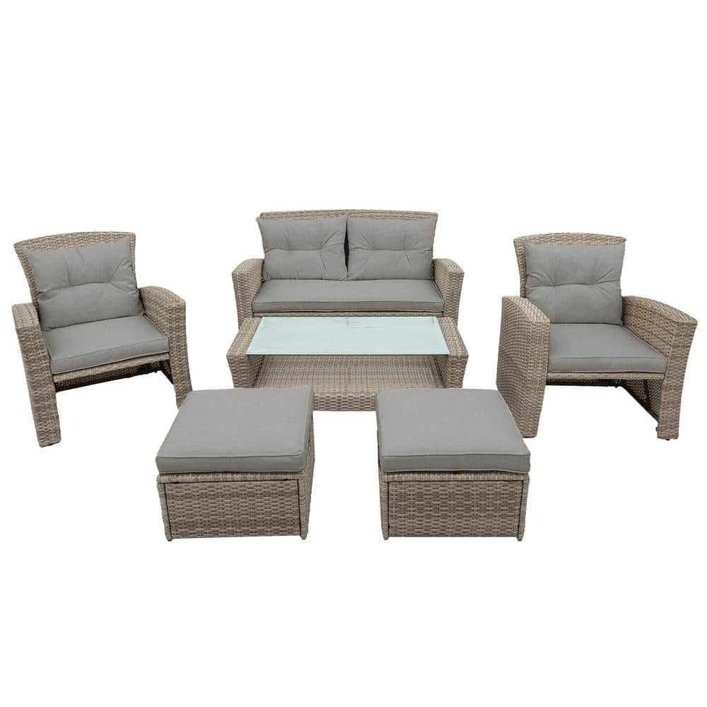 6Piece AllWeather Wicker Patio Sofa Set with Ottoman and Gray