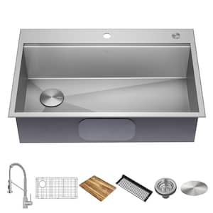 Loften 33 in. Drop-In/Undermount Single Bowl 18 Gauge Stainless Steel Kitchen Workstation Sink w/ Faucet and Accessories