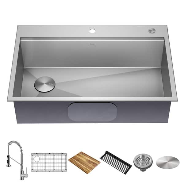 KRAUS Loften 33 in. Drop-In/Undermount Single Bowl 18 Gauge Stainless Steel Kitchen Workstation Sink w/ Faucet and Accessories