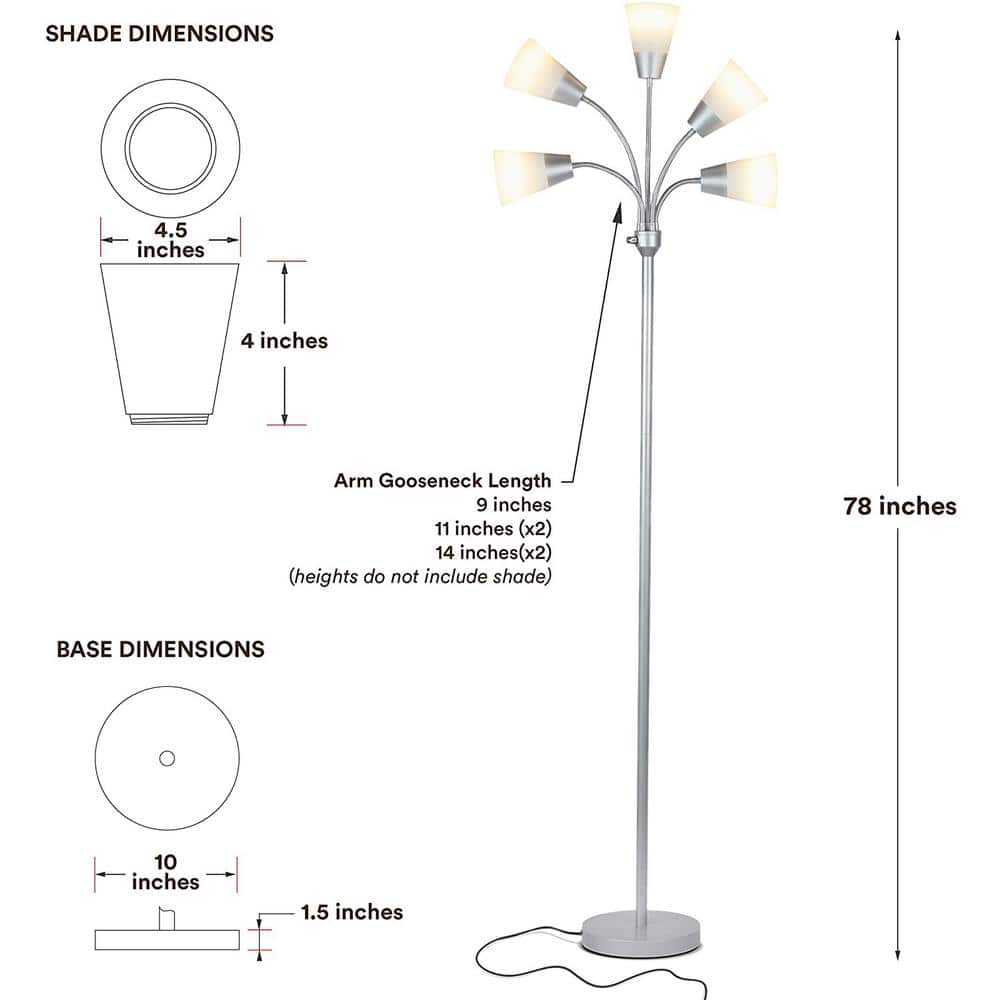 Silver 78" Adjustable 5-Light LED Floor Lamp with White Shades