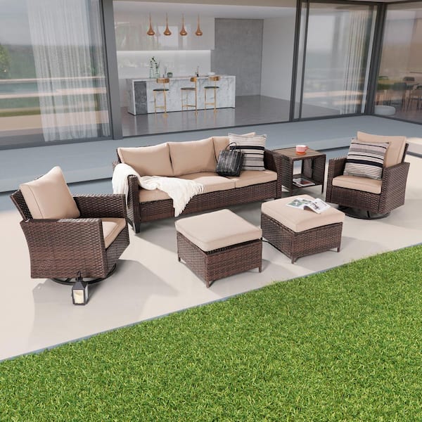 Sonkuki 6-Piece Patio Conversation Set Brown Wicker with Swivel Rocking Chair and Side Table, Sand