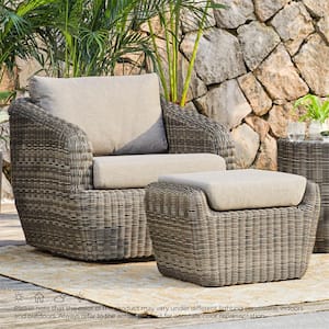 Elspeth Gray Fabric Wicker Swivel Arm Chair and Ottoman Set with Removable Cushion for Ourdoor & Indoor