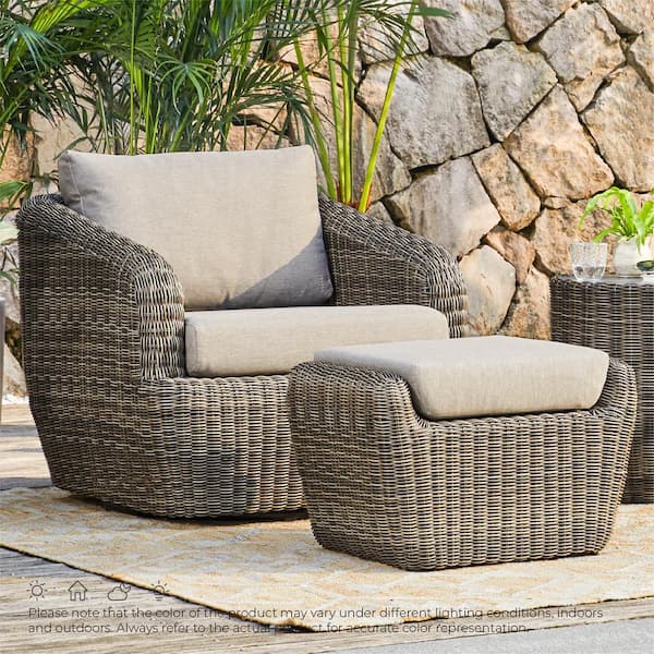 Elspeth Gray Fabric Wicker Swivel Arm Chair and Ottoman Set with Removable Cushion for Outdoor & Indoor