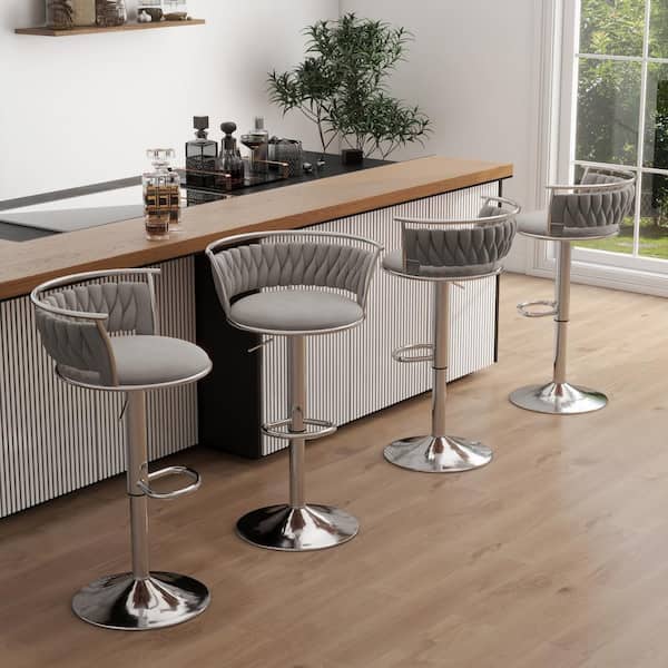 38.5 in. Modern Silver Metal Frame Low Back Swivel Adjustable Height Bar Stool with Gray Velvet Seat (set of 4)