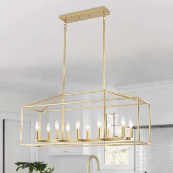 38 in. 10-Light Spray Gold Candle Chandelier Modern Farmhouse Linear Rectangle Pendant w/4 x 9.8 in. Rod for Living Room